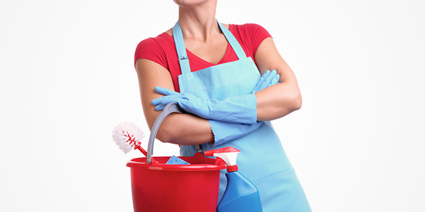 Cleaning Woman Holding a Bucket of Supplies