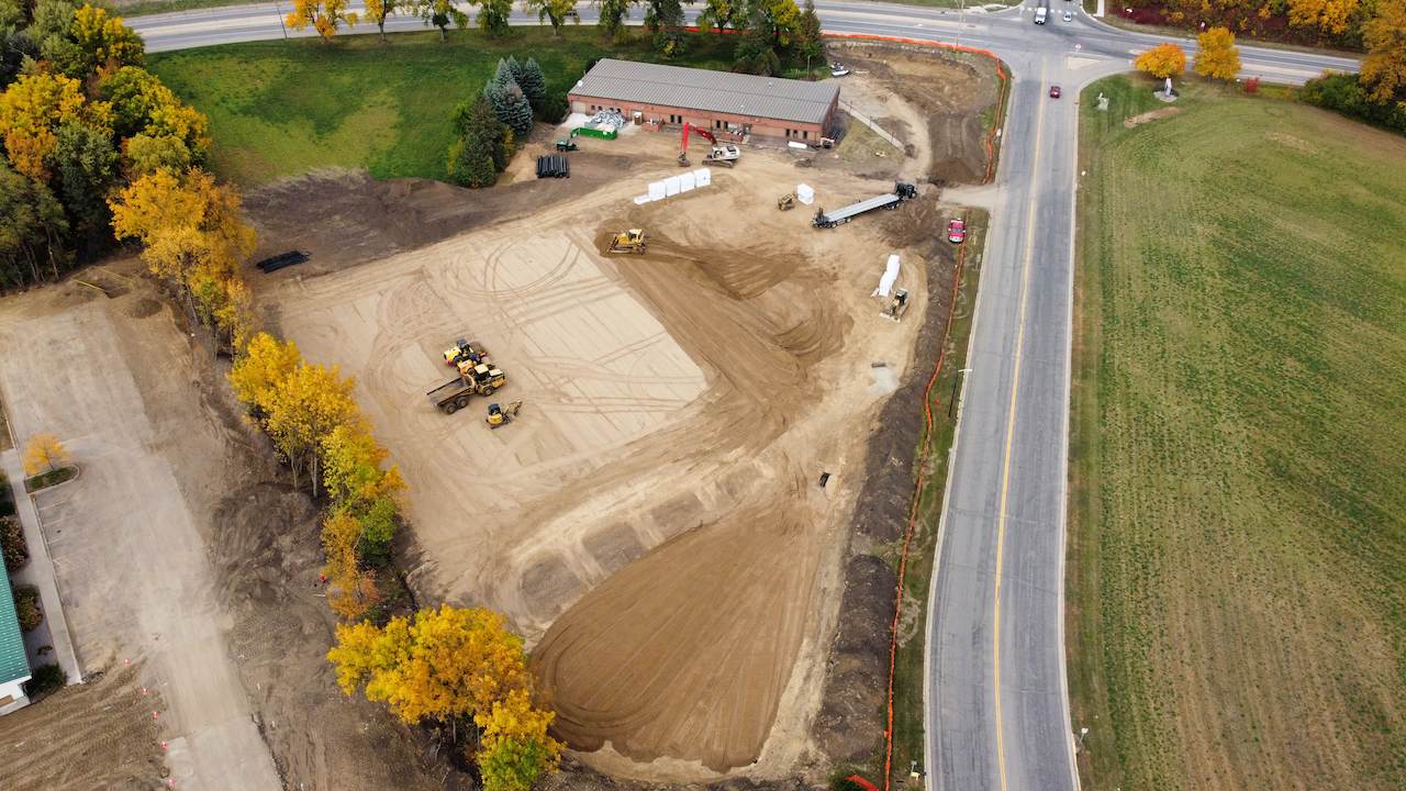 A drone shot of a storage facility under construction