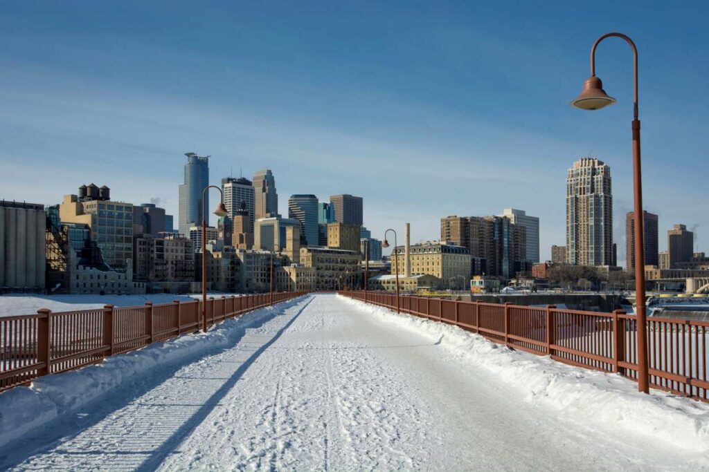 A skyline view of Minneapolis-St. Paul during a snowy winter day.