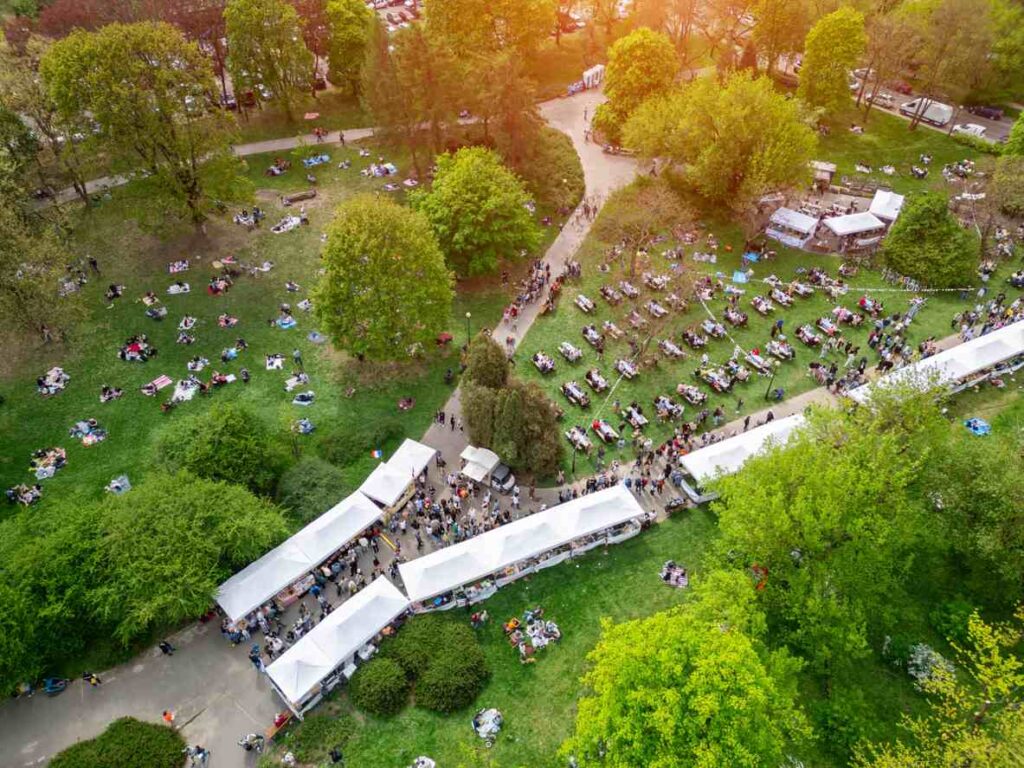 Overhead shot of a community event in a park.