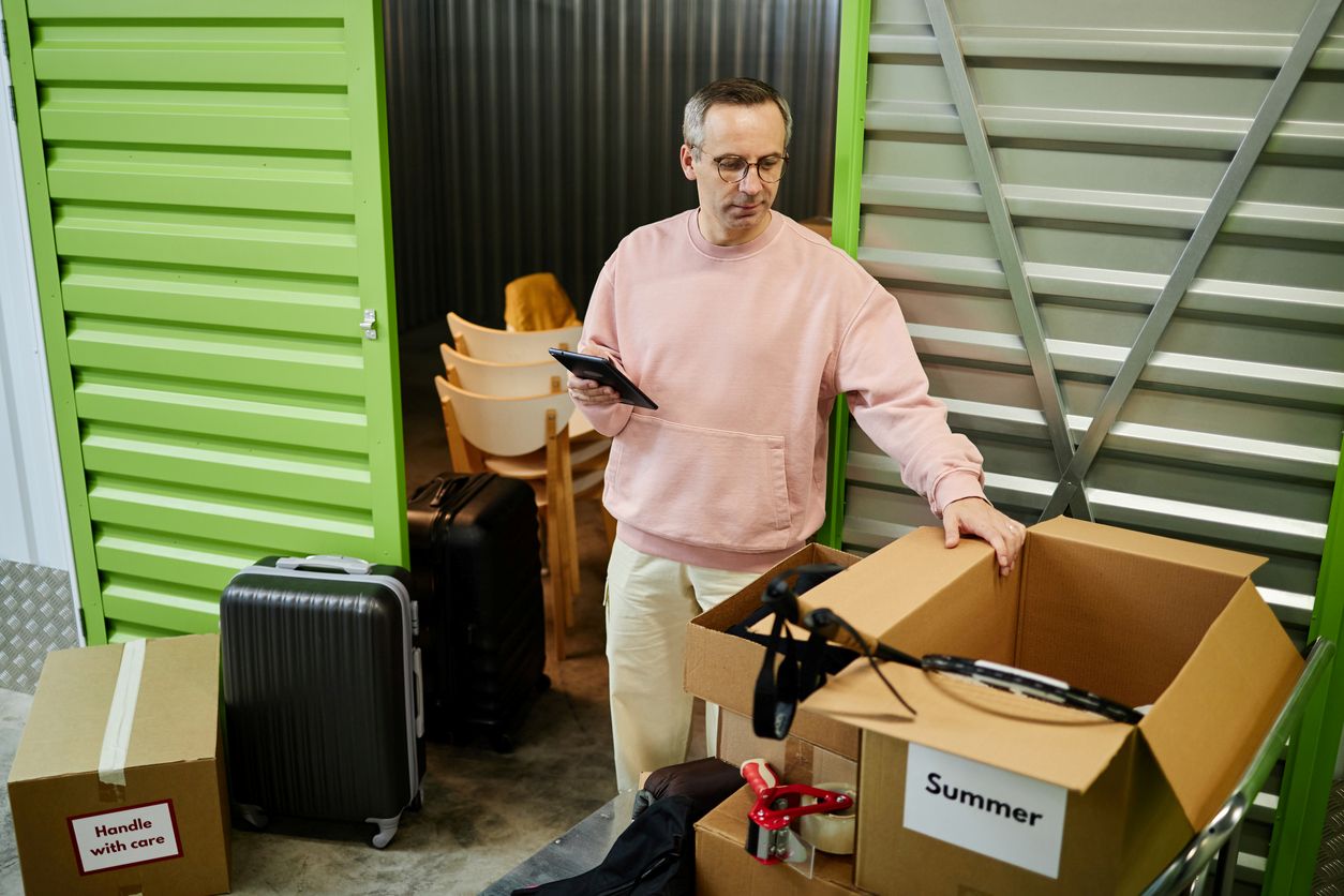 A man taking stock of his items intended for long-term storage.