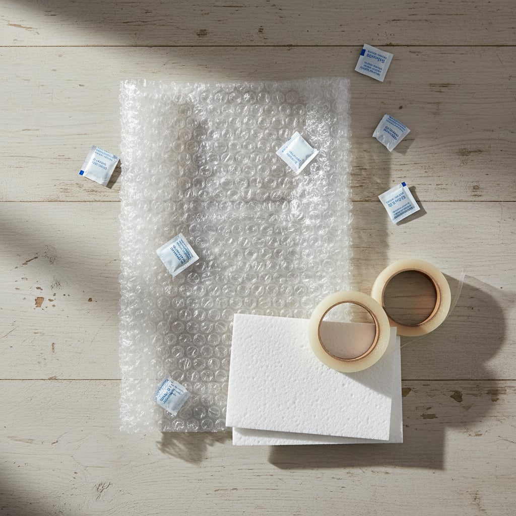 An overhead flat-lay of bubble wrap, silica gel, tape, and foam sheets for long-term storage on a wooden surface.
