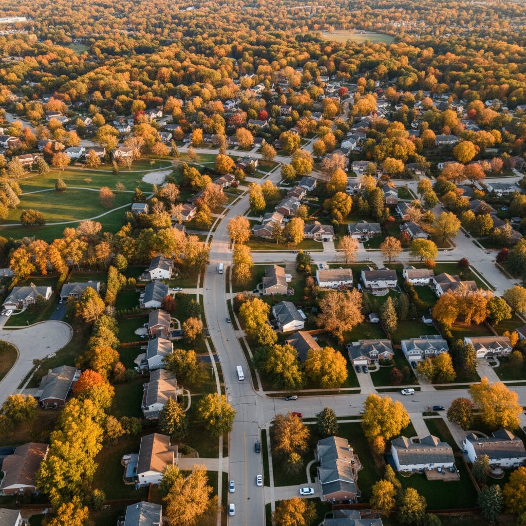 An aerial view of a quiet Twin Cities neighborhood in autumn with golden trees and houses ready for seasonal storage.