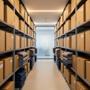 Neatly organized storage unit with uniform boxes, folded blankets, and shelving units under warm ambient lighting.