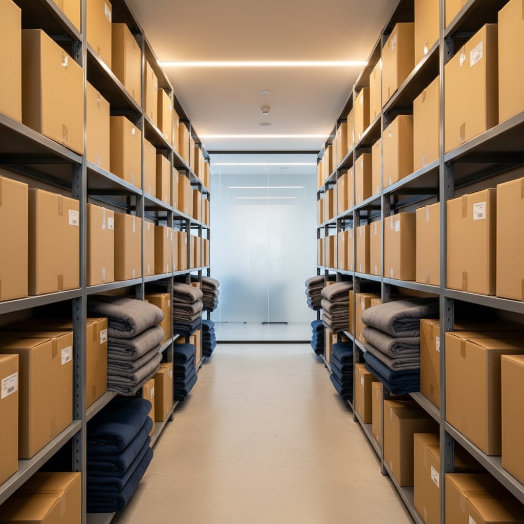 Neatly organized storage unit with uniform boxes, folded blankets, and shelving units under warm ambient lighting.