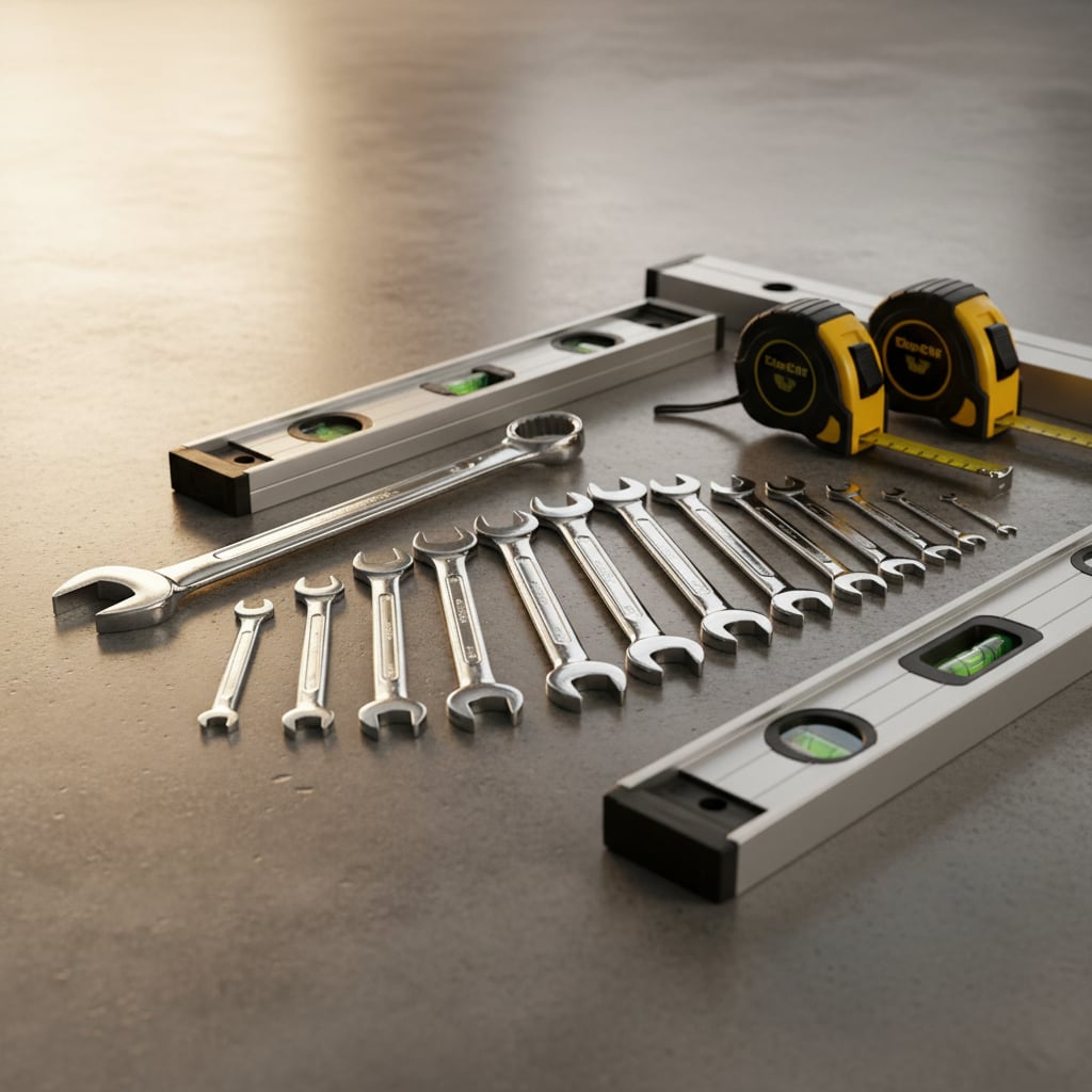 Professional hand tools like wrenches and levels are neatly arranged on concrete under warm workshop lighting.