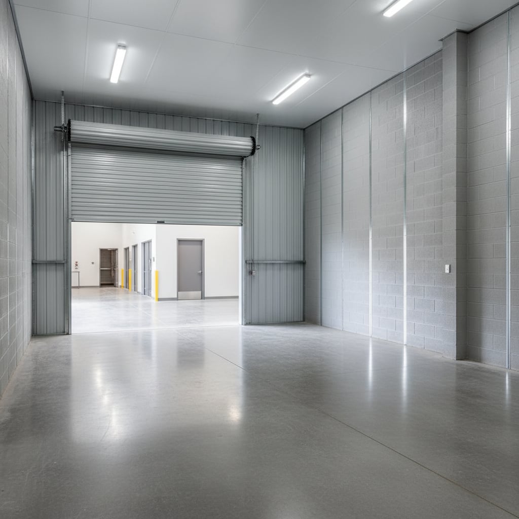 A wide, well-lit empty storage unit with smooth concrete floors and an open metal roll-up door for business use.