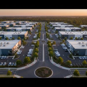 Aerial view of a tidy suburban industrial district at golden hour featuring organized buildings and tree-lined roads.