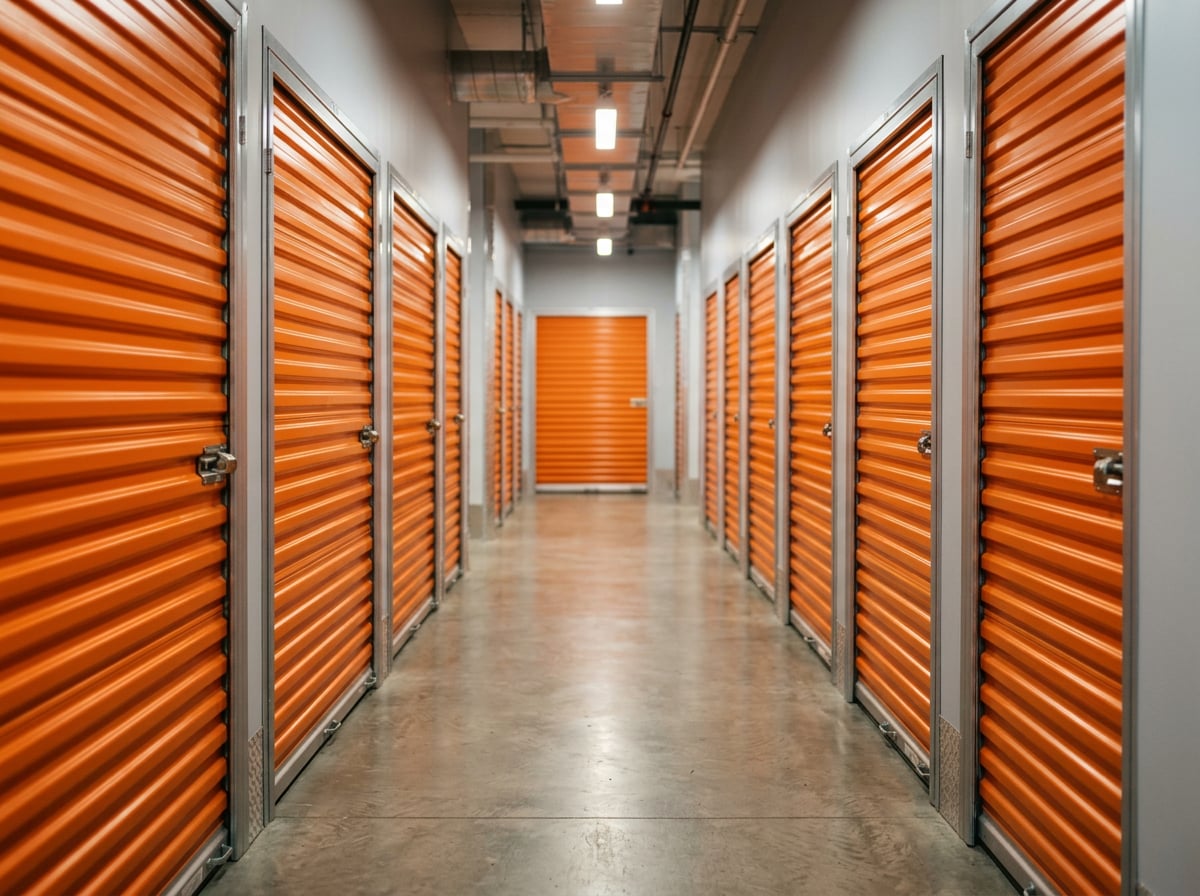 A clean storage hallway with orange roll-up doors and warm lighting, offering a secure space for family items.