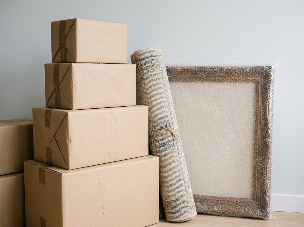 Neatly stacked brown moving boxes sit by a rolled rug and bubble-wrapped art against a grey wall in soft studio lighting.