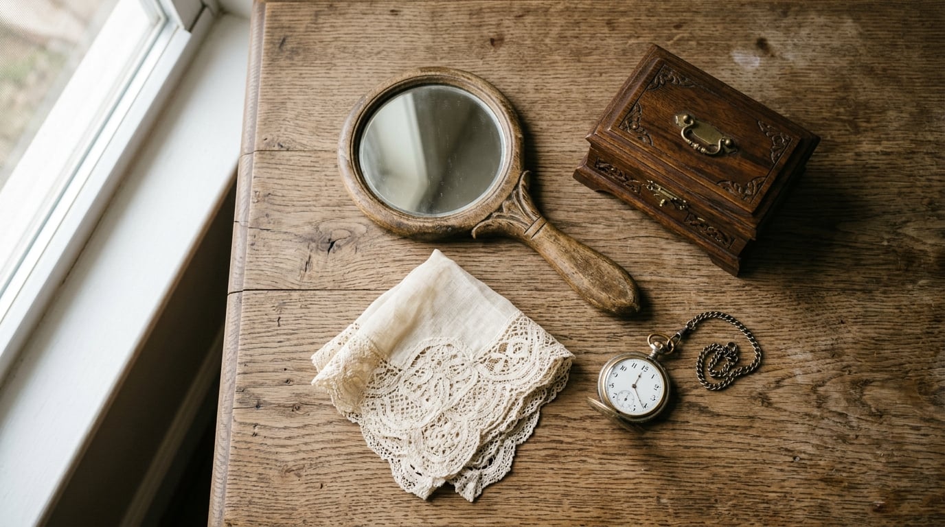 Antique wooden hand mirror, jewelry box, lace, and pocket watch on oak, representing cherished family heirlooms.