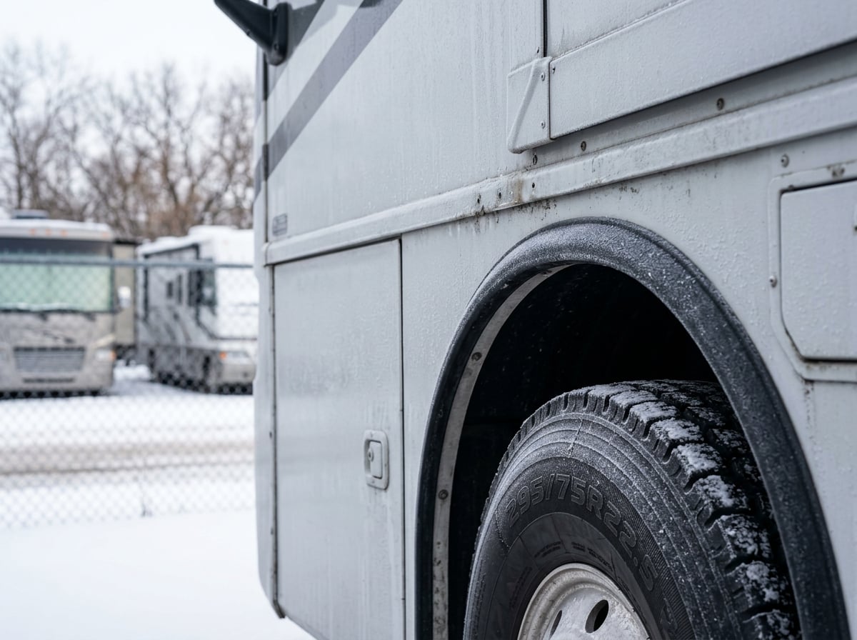 A close-up of a frosted RV metal panel and wheel well in soft winter light, showing the effects of cold storage.