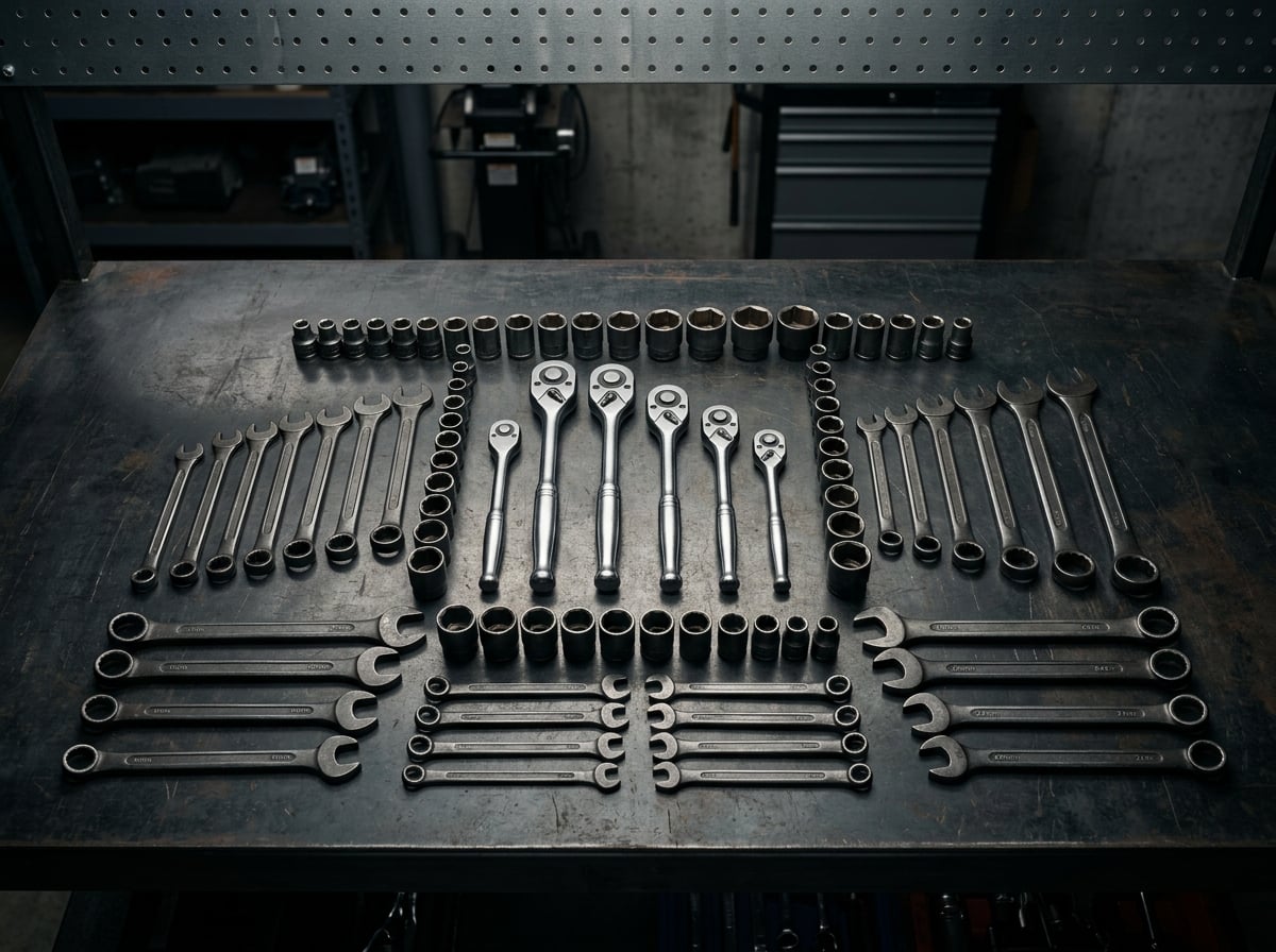 An overhead view of organized steel wrenches and sockets arranged in a geometric pattern on a dark workshop surface.