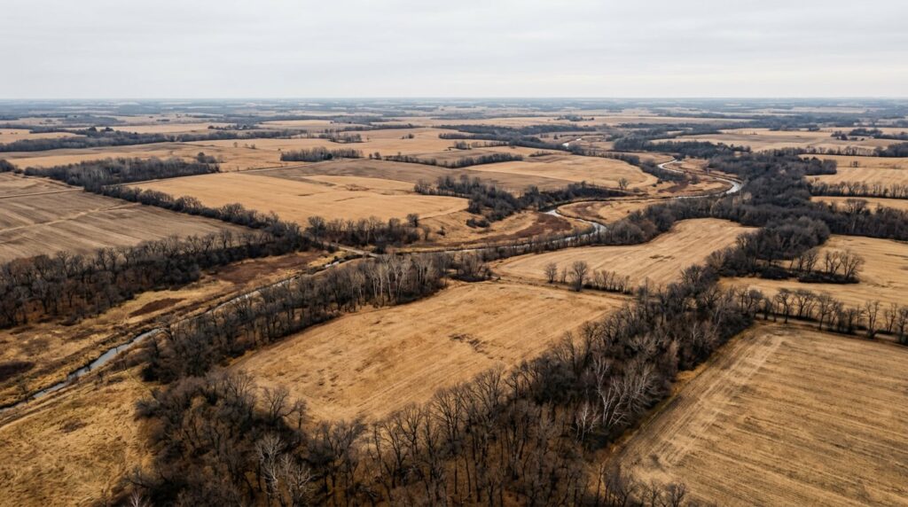 Aerial view of a golden Minnesota autumn landscape with bare trees, representing seasonal storage areas in Minneapolis.