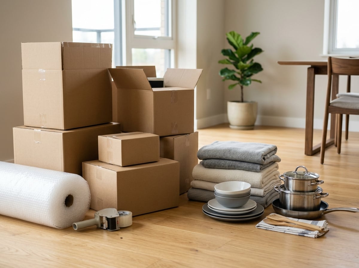 Cardboard boxes, bubble wrap, and kitchenware organized by size on a wooden floor for a home move.
