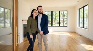 A young couple stands in a sunlit empty living room doorway, gazing around with hopeful expressions as homebuyers.