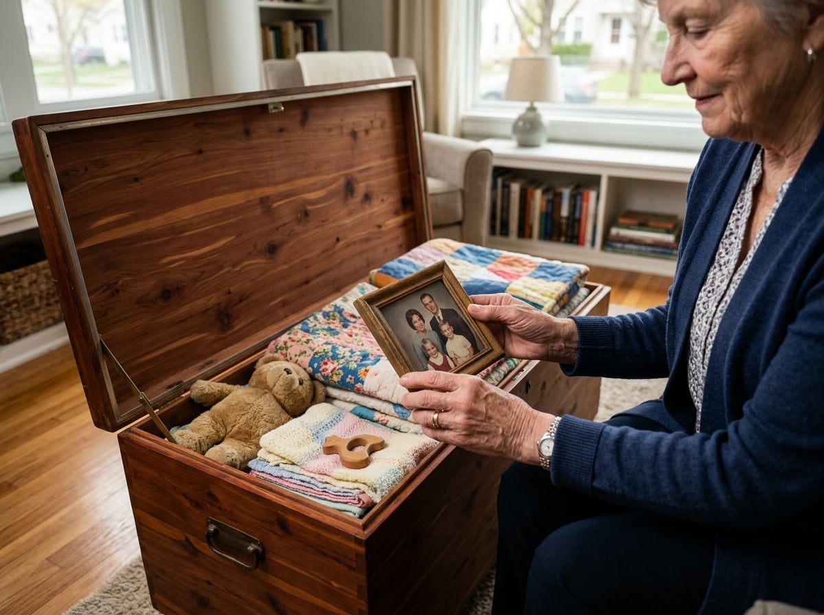 Elderly hands hold a framed photo beside a cedar chest filled with folded quilts and cherished keepsakes.