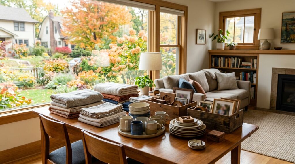 Sunlit dining table displays folded linens, ceramic dishes, and wooden keepsakes beside a window with autumn trees.